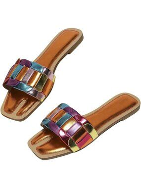 Women's Brown Metallic Flat Sandals Dressy Slippers Sparkly Cute Open Toe